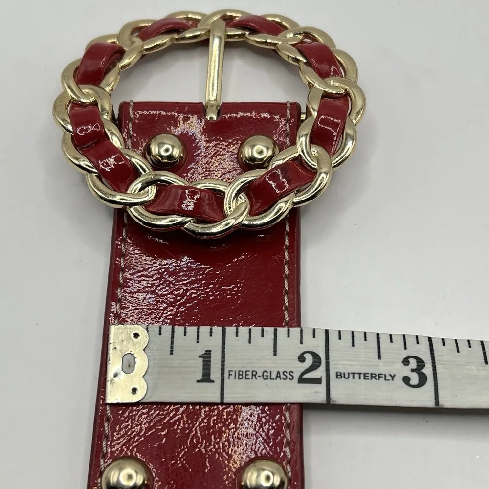 Kathy Van Zeeland Red Glossy Statement Belt S Chain Buckle Silver Hardware Y2K